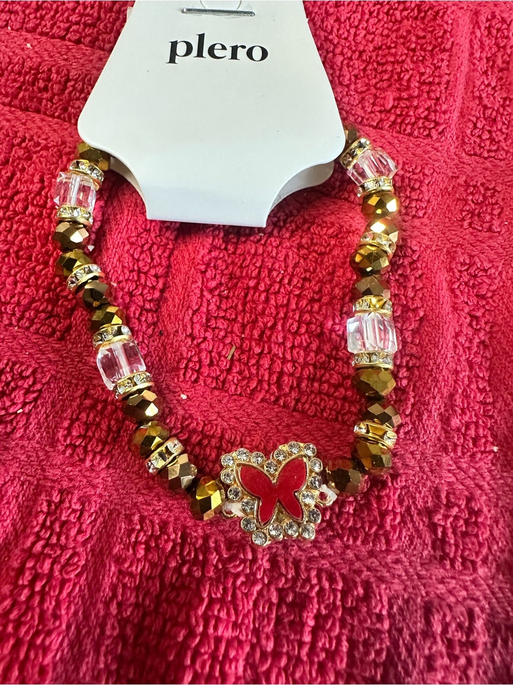 Plero Gold Beaded Necklace with Red Butterfly Pendant
